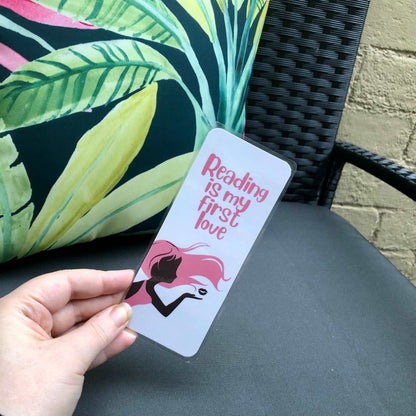 First Love Bookmark - Diamond Candlelight - girl with pink hair blowing a kiss, pink writing which says reading is my first love